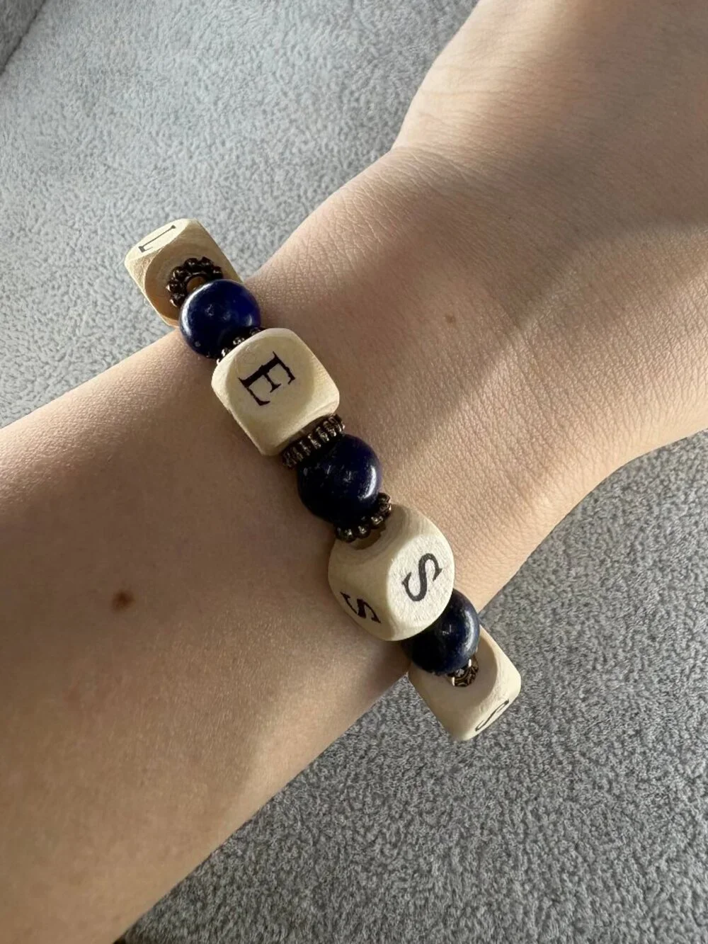 Custom Name Bracelet Personalized Wood Letter Block Natural Lapis Lazuli Gem